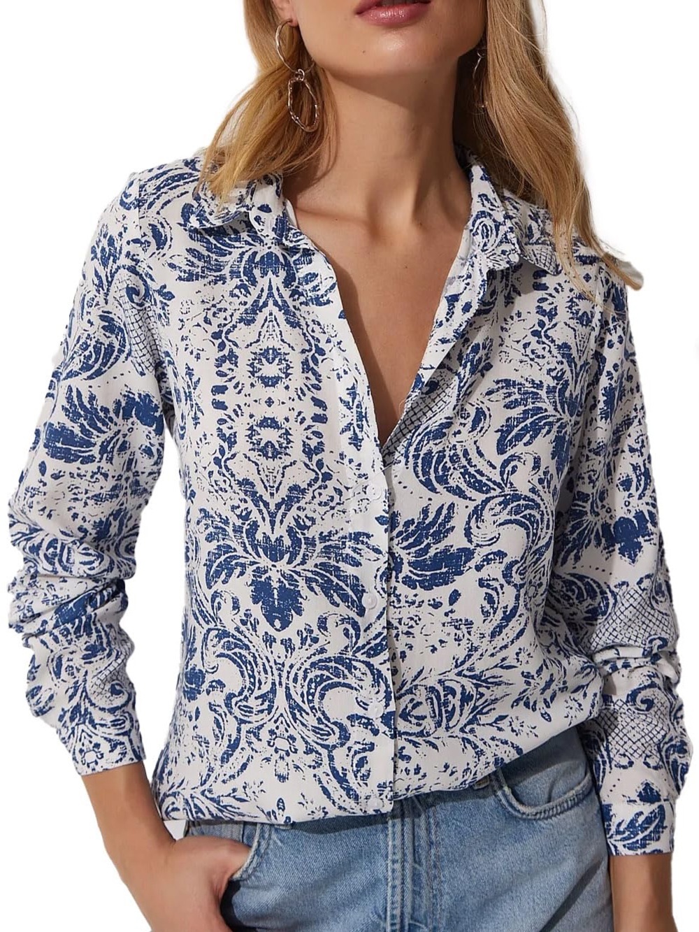 NWT Blue Floral-Print Collared Button-Down Blouse Size 6